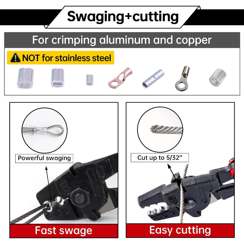 Hand Crimper 14'' Wire Rope Crimping Tool For Aluminum Copper Sleeve Ferrules 1/16" 5/64" 3/32" 7/64" 1/8" Cable Rail End Splice Terminals