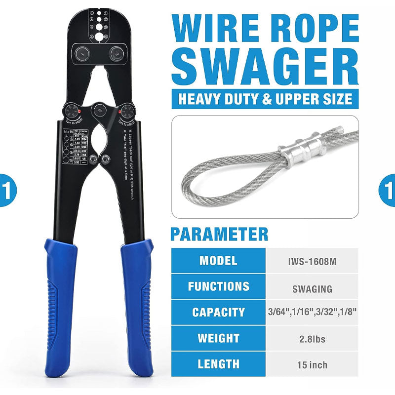 Wire Rope Crimping Tool For Aluminum Crimp Ferrules, Oval Sleeves, 3/64" To 1/8", Wire Rope Crimping Tool Kit With Wire Rope Cutter
