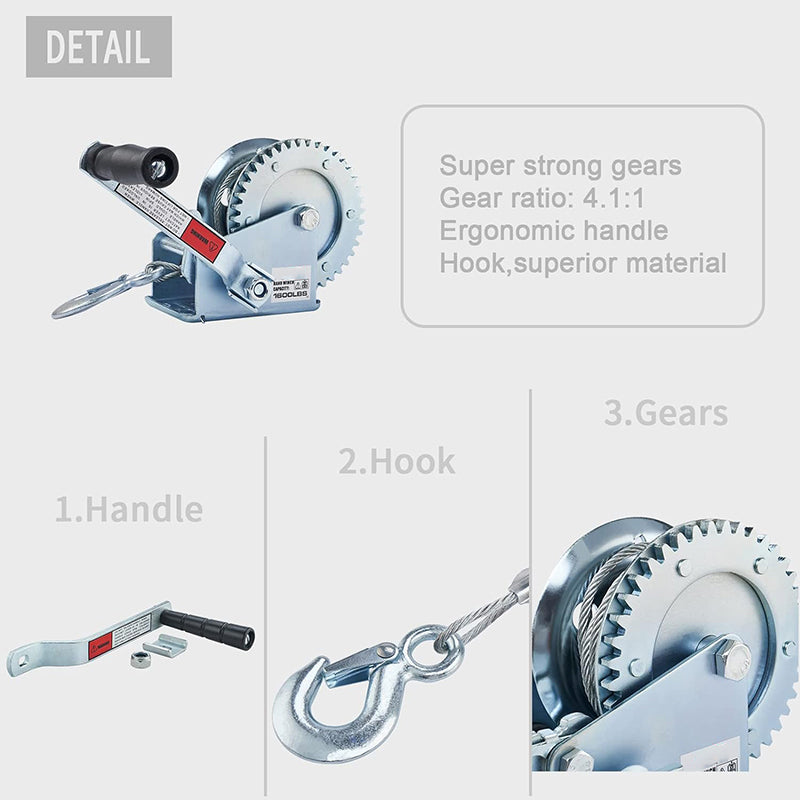 1600lbs Hand Winch Boat Winch with 10m Cable Manual Winches Adjustable Corrosion Resistant Towing Winches