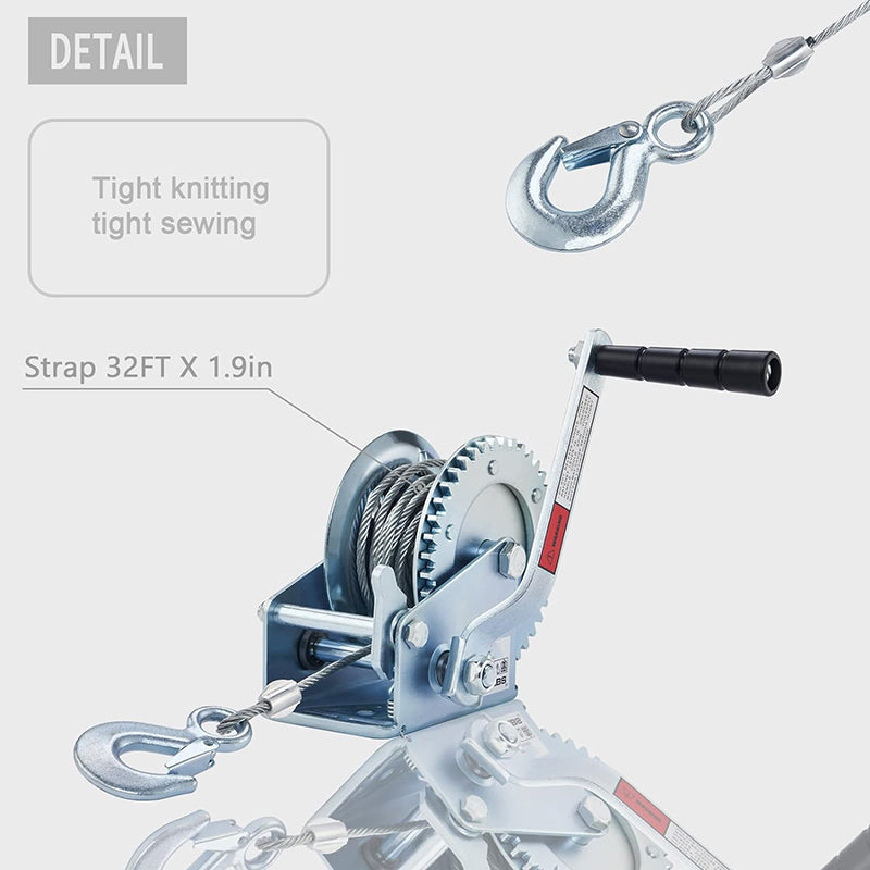 1600lbs Hand Winch Boat Winch with 10m Cable Manual Winches Adjustable Corrosion Resistant Towing Winches