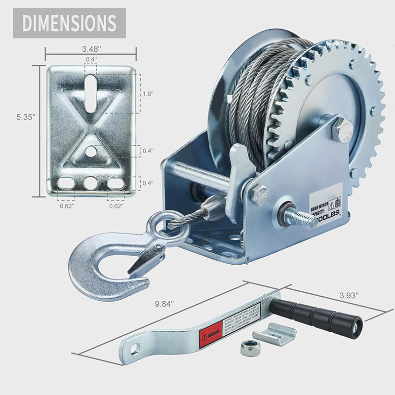 1600lbs Hand Winch Boat Winch with 10m Cable Manual Winches Adjustable Corrosion Resistant Towing Winches