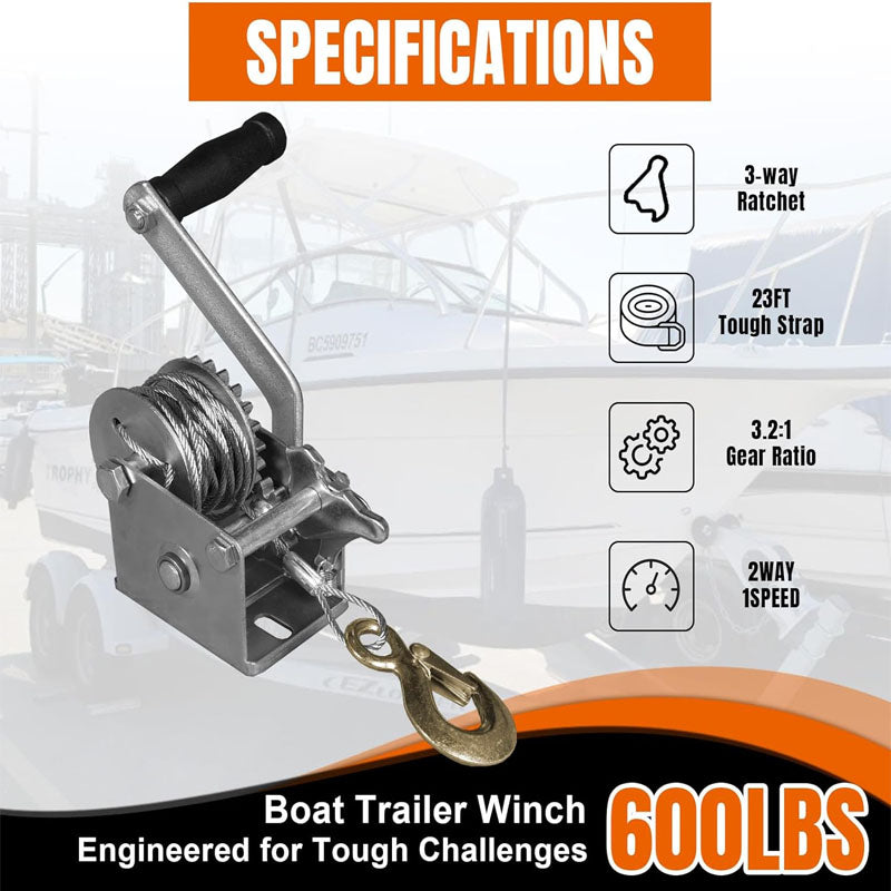Hand Winch 600 lbs Pulling Capacity Boat Trailer Winch Heavy Duty Rope Crank with 23 ft Steel Wire Cable for Trailer Boat or ATV Towing