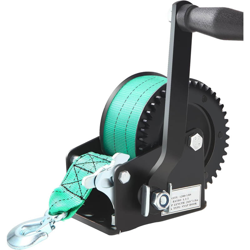 Hand Winch 1200lbs Pulling Capacity with 26 ft Polyester Strap and Two-Way Ratchet with Hook for Boat Trailers ATV RV Truck