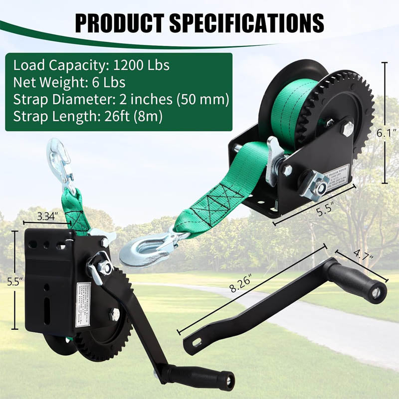 Hand Winch 1200lbs Pulling Capacity with 26 ft Polyester Strap and Two-Way Ratchet with Hook for Boat Trailers ATV RV Truck