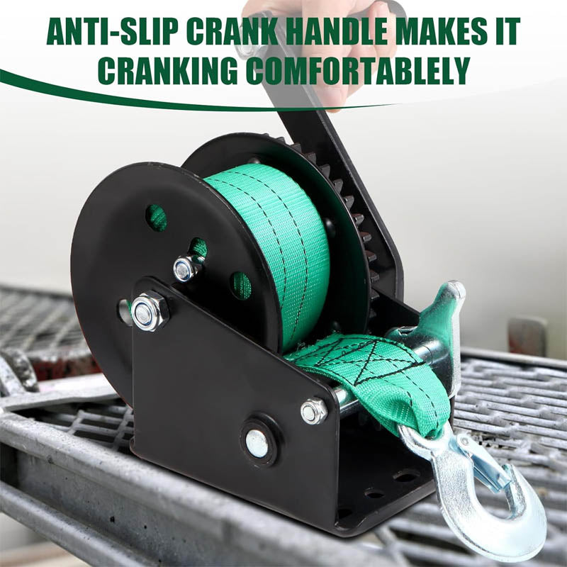 Hand Winch 1200lbs Pulling Capacity with 26 ft Polyester Strap and Two-Way Ratchet with Hook for Boat Trailers ATV RV Truck
