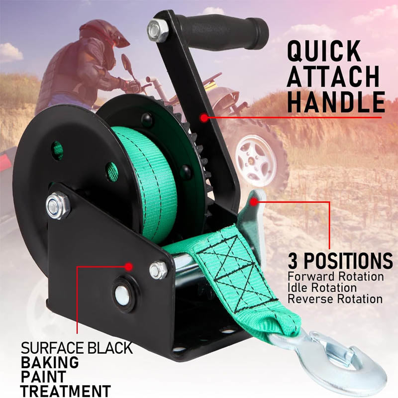 Hand Winch 1200lbs Pulling Capacity with 26 ft Polyester Strap and Two-Way Ratchet with Hook for Boat Trailers ATV RV Truck