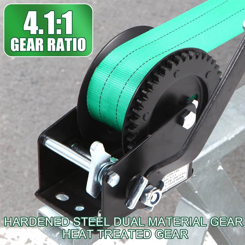 Hand Winch 1200lbs Pulling Capacity with 26 ft Polyester Strap and Two-Way Ratchet with Hook for Boat Trailers ATV RV Truck