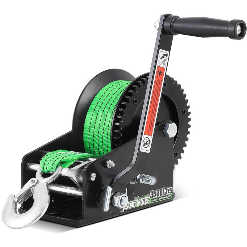 Hand Winch 3500 lbs Pulling Capacity with 33FT Green Strap 2-Way Ratchet Portable Steel Ratio 4:1/8:1 Gear