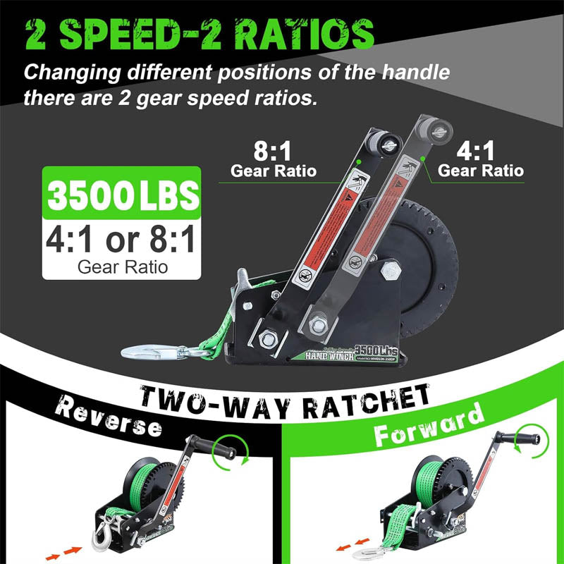 Hand Winch 3500 lbs Pulling Capacity with 33FT Green Strap 2-Way Ratchet Portable Steel Ratio 4:1/8:1 Gear
