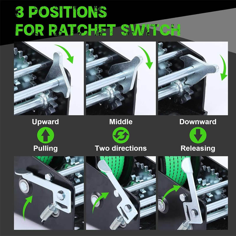 Hand Winch 3500 lbs Pulling Capacity with 33FT Green Strap 2-Way Ratchet Portable Steel Ratio 4:1/8:1 Gear