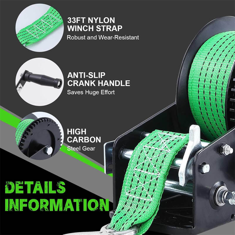 Hand Winch 3500 lbs Pulling Capacity with 33FT Green Strap 2-Way Ratchet Portable Steel Ratio 4:1/8:1 Gear