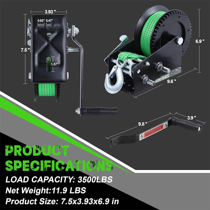Hand Winch 3500 lbs Pulling Capacity with 33FT Green Strap 2-Way Ratchet Portable Steel Ratio 4:1/8:1 Gear