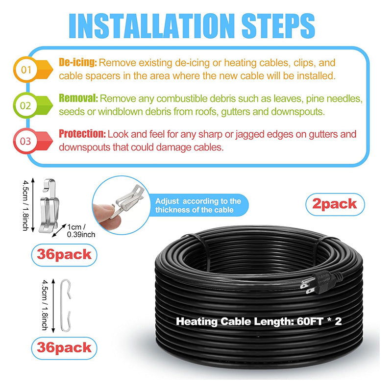 2 Rolls 120 Feet 120V Heating Cable Deicing Cable Heated Pipe Cable for Roof Ice Melting Freeze Protection