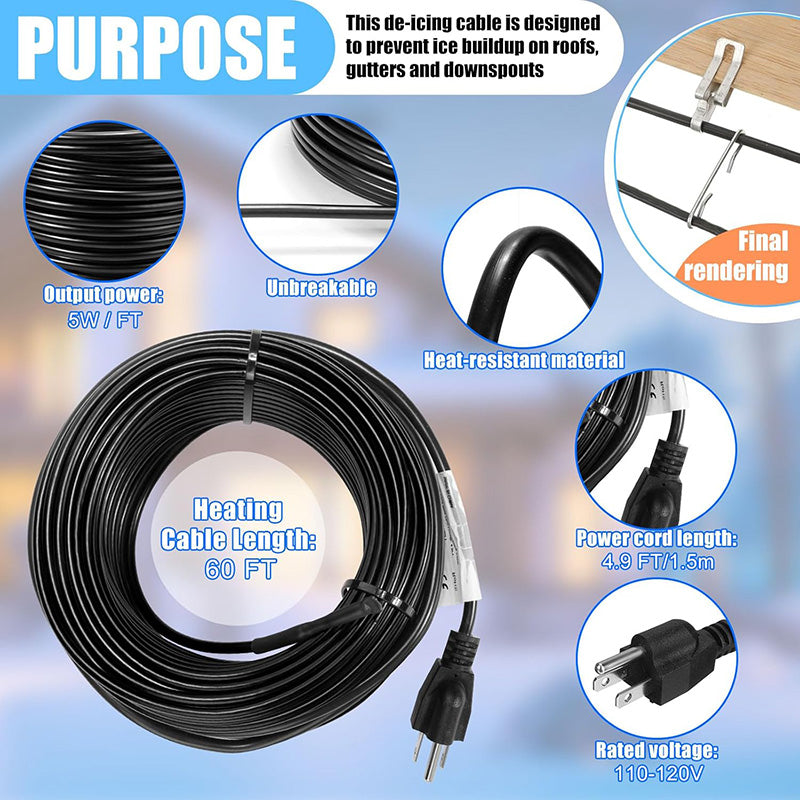 2 Rolls 120 Feet 120V Heating Cable Deicing Cable Heated Pipe Cable for Roof Ice Melting Freeze Protection