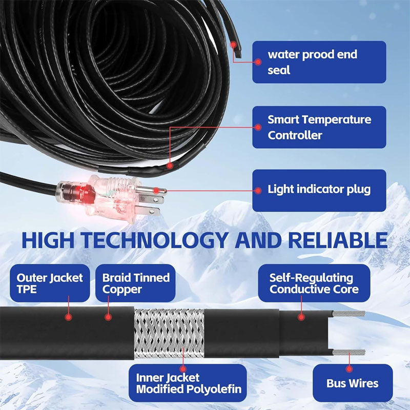 100FT Heating Cables , Pipe Freeze Protected Water Pipe Heating Cable with Mounting Buckle Self Regulating Temperature 120V 8W/ft