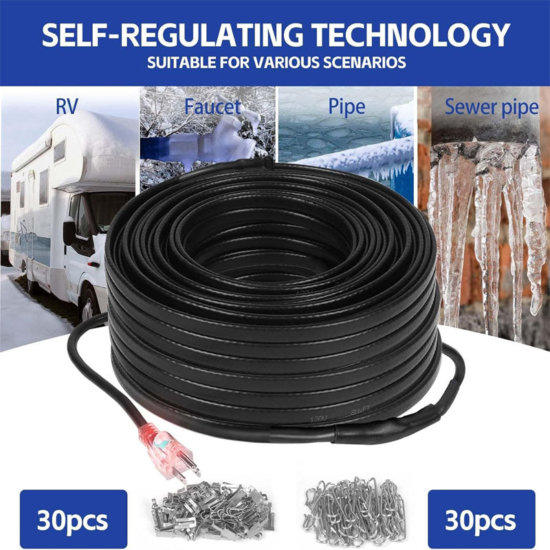 100FT Heating Cables , Pipe Freeze Protected Water Pipe Heating Cable with Mounting Buckle Self Regulating Temperature 120V 8W/ft