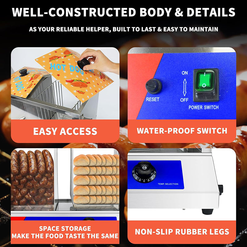 Stainless Steel Hot Dog Steamer 36L Hot Dogs Warmer Cooker with Thickened Tempered Glass