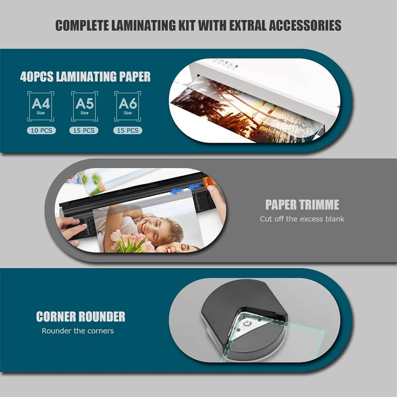 9-Inch Hot & Cold Pouch Laminating Machine 4 in 1 with 40 Laminating Sheets Paper Trimmer Corner Rounder