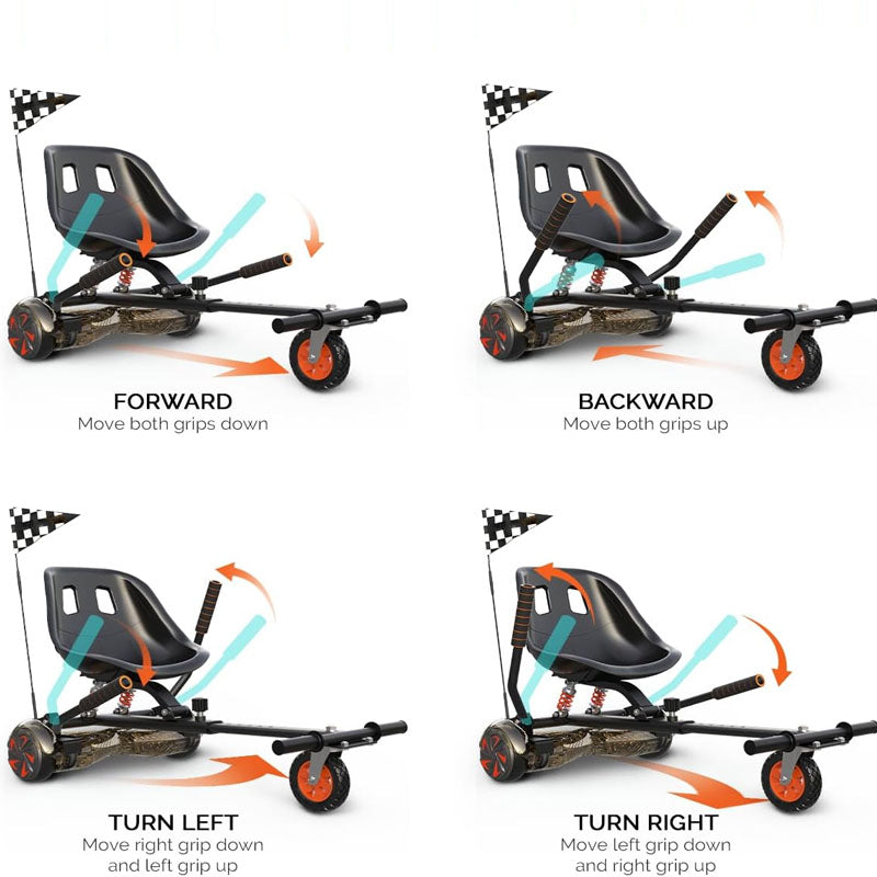 Hoverboard Seat Attachment for 6.5" 8" 10" Hover Board Adjustable Frame Length & Off-Road Rubber Wheel with Rear Shock Absorption