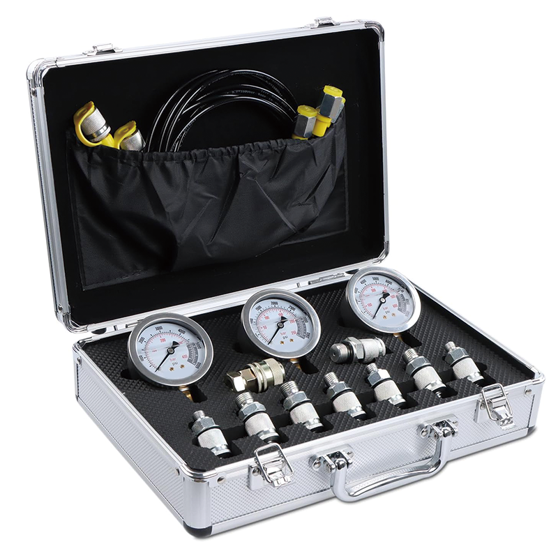 Hydraulic Pressure Test Kit,11 Couplings, 59 inch 3 Test Hoses, 3 Pressure Gauges, 1 Aluminum Box for Excavator Tractors Construction Machinery