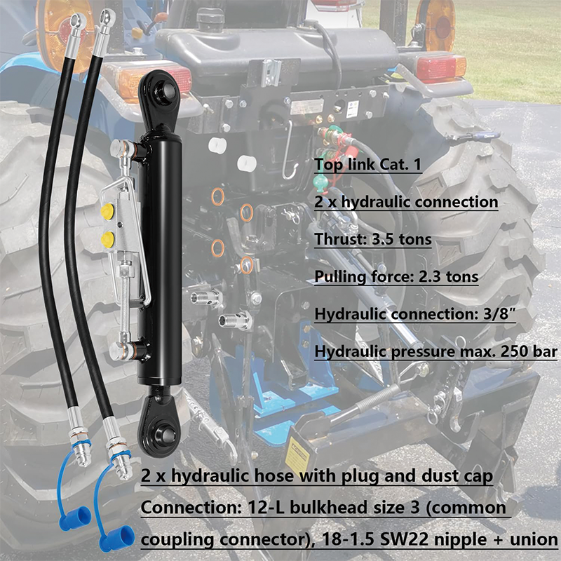 Hydraulic Top Link Cat. 1-1 18 1/8” – 26 3/8”,Hydraulic Cylinder with Locking Block and 2 x Hoses,for Tractor Excavators and Class 1& 2 Equipment