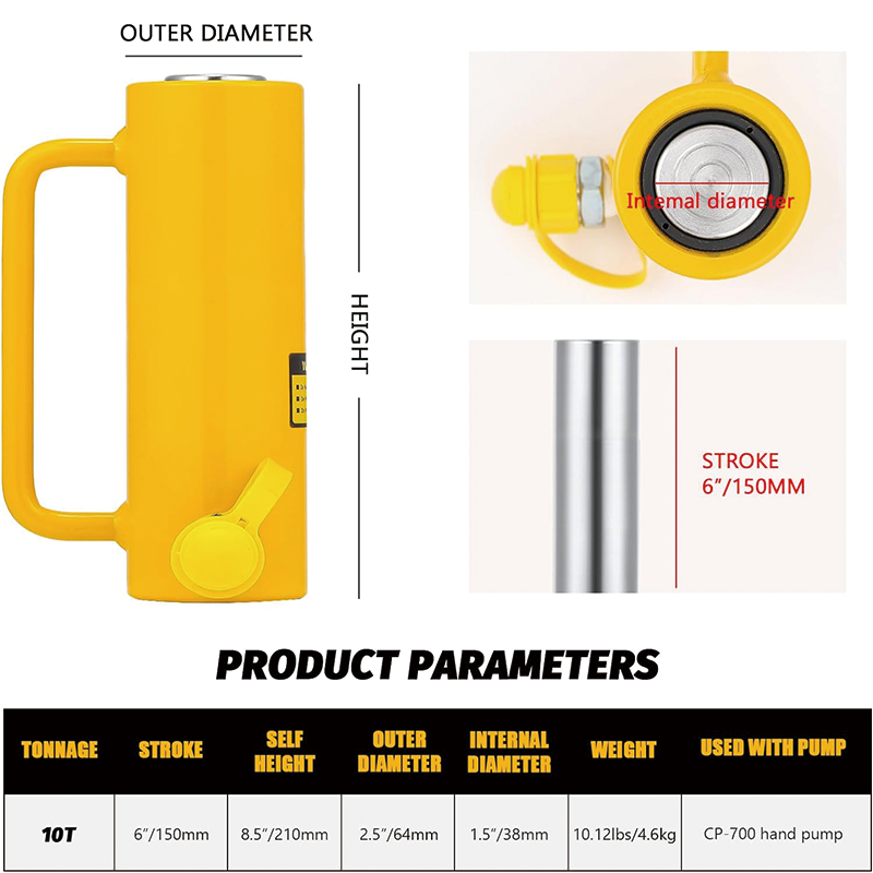 10 ton Hydraulic Cylinder Jack,6 Inch Stroke Portable Hydraulic Ram Industrial Lifting Jack,with Quick Connector Portable Hydraulic Solid Jack Hydraulic Lifting Cylinders