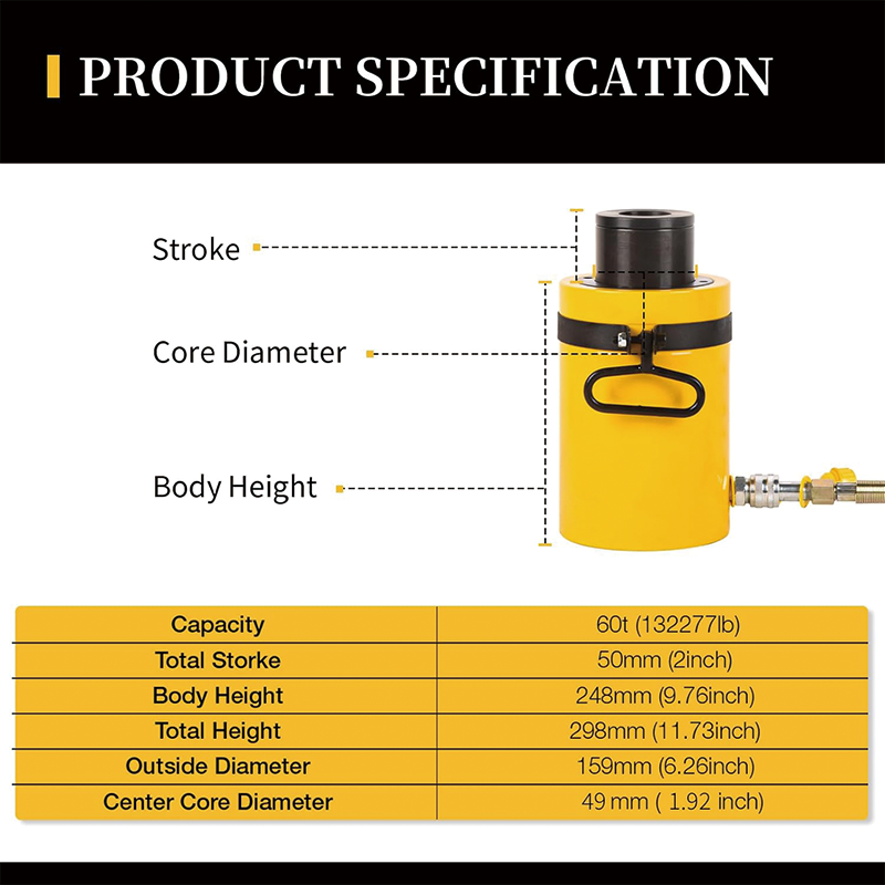 60T 2"Hydraulic Cylinder Jack,Single Acting Lifting Cylinders Retract Automatically Quick Connector,50mm Hydraulic Lifting Cylinders for Shipbuilding, Machinery and Industry