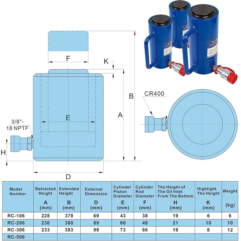 Hydraulic Cylinder Jack,20 Ton Hydraulic Cylinder Ram Single Acting 6" Inch Stroke,Portable Hydraulic Solid Jack Hydraulic Lifting Cylinders