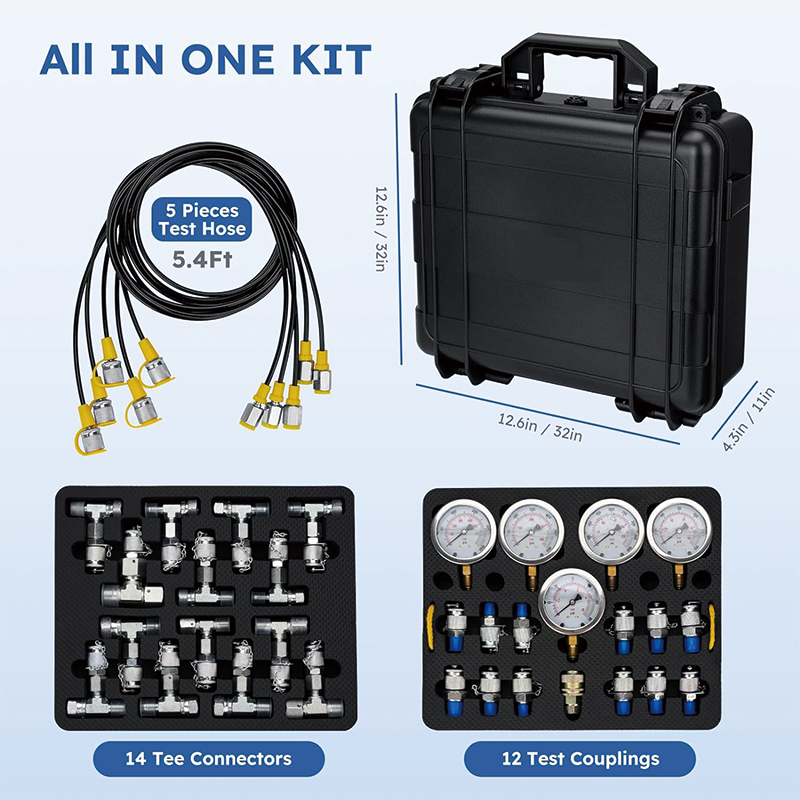Hydraulic Pressure Test Kit,5 Gauges(10/100/250/400/600bar) 13 Test Couplings 14 Tee Connectors 5 Test Hoses,w/Sturdy Portable Carrying Case for Excavator Construction Machinery