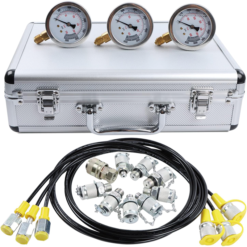 Hydraulic Pressure Test Kit,11 Couplings, 59 inch 3 Test Hoses, 3 Pressure Gauges, 1 Aluminum Box for Excavator Tractors Construction Machinery