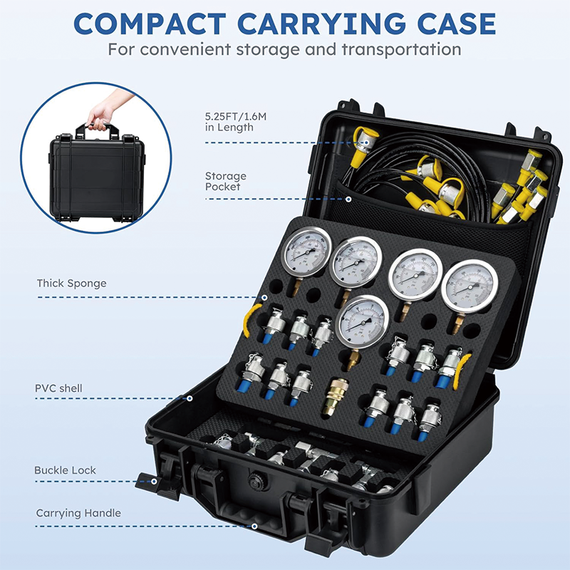 Hydraulic Pressure Test Kit,5 Gauges(10/100/250/400/600bar) 13 Test Couplings 14 Tee Connectors 5 Test Hoses,w/Sturdy Portable Carrying Case for Excavator Construction Machinery