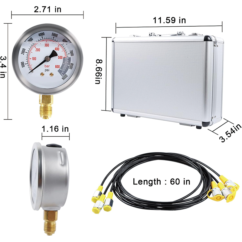 Hydraulic Pressure Test Kit,11 Couplings, 59 inch 3 Test Hoses, 3 Pressure Gauges, 1 Aluminum Box for Excavator Tractors Construction Machinery