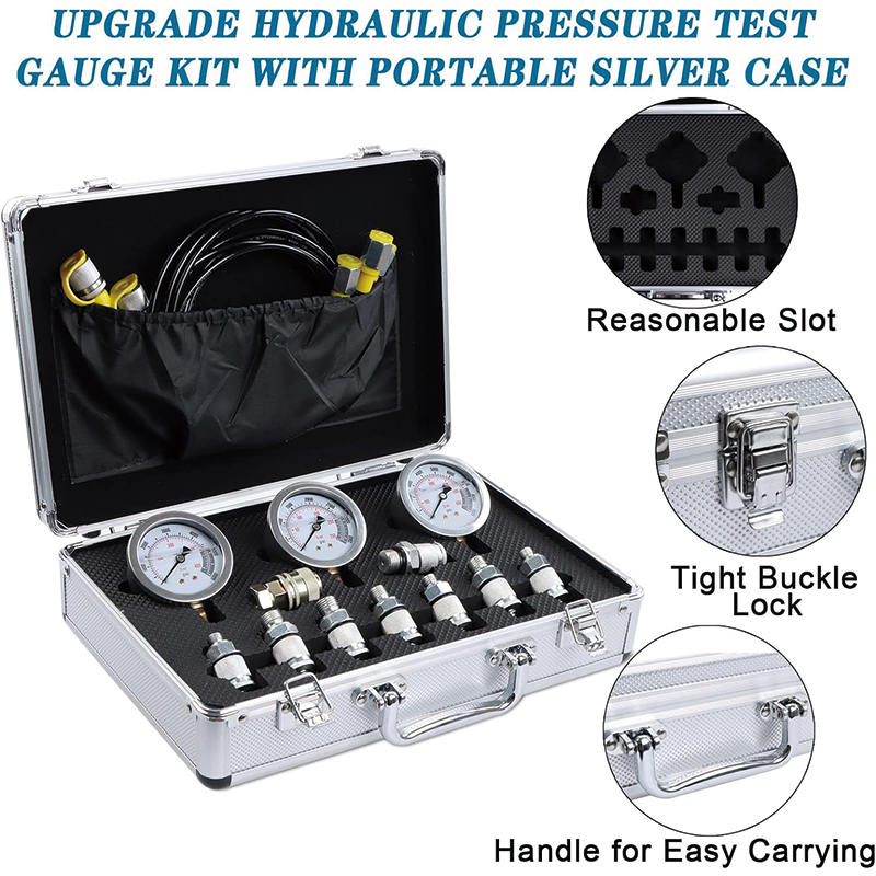 Hydraulic Pressure Test Kit,11 Couplings, 59 inch 3 Test Hoses, 3 Pressure Gauges, 1 Aluminum Box for Excavator Tractors Construction Machinery
