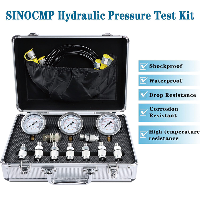 Hydraulic Pressure Test Kit,11 Couplings, 59 inch 3 Test Hoses, 3 Pressure Gauges, 1 Aluminum Box for Excavator Tractors Construction Machinery