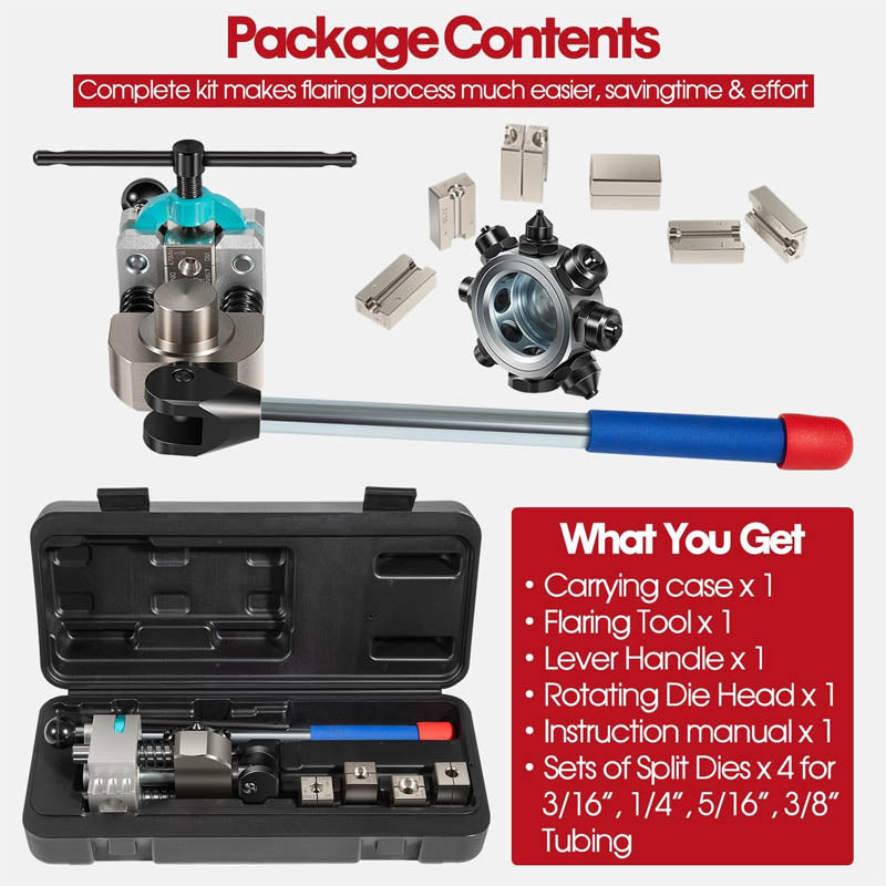 Hydraulic Tube Expander Brake Line Flaring Tool 45 Degree Single Doubleand Bubble Flares for 3/16", 1/4", 5/16" and 3/8" Tube Size