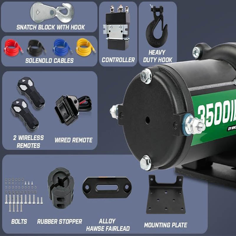 Towing Winches 12V 3500 lb Load Capacity Nylon Rope Winch with 2 Wireless Remotes &Wired Switch,with Mounting Plate,Pulley,Rope Damper