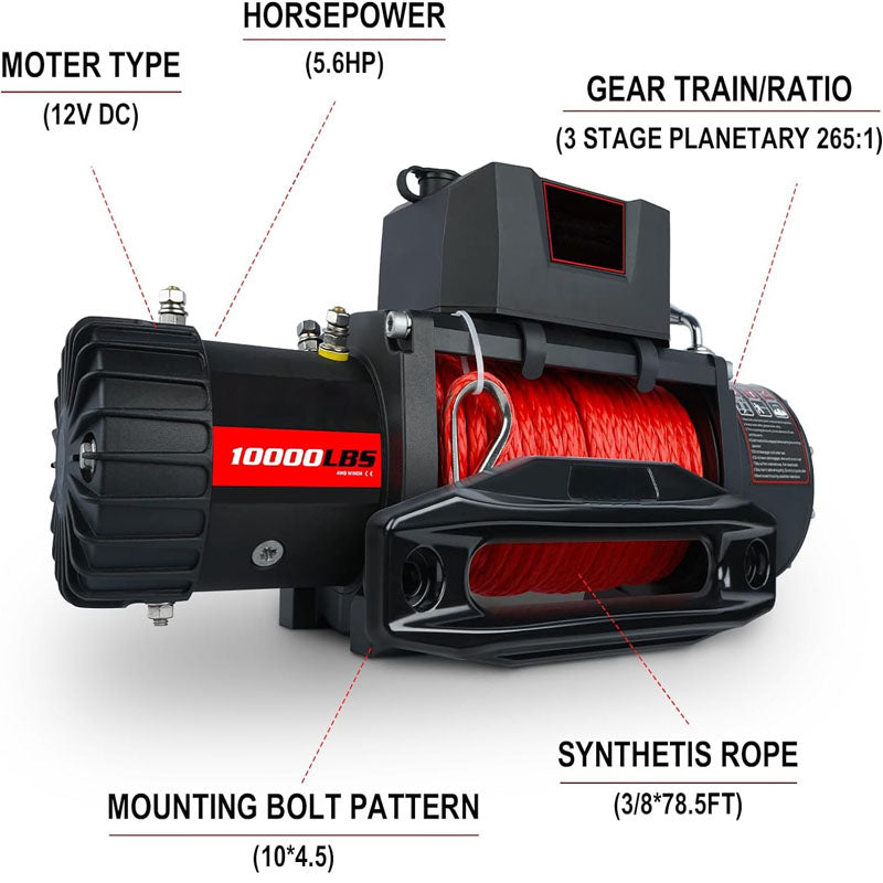 Towing Winches Winch 10,000lbs 12V Synthetic Rope with Wireless Handheld Remote and Corded Control Recovery