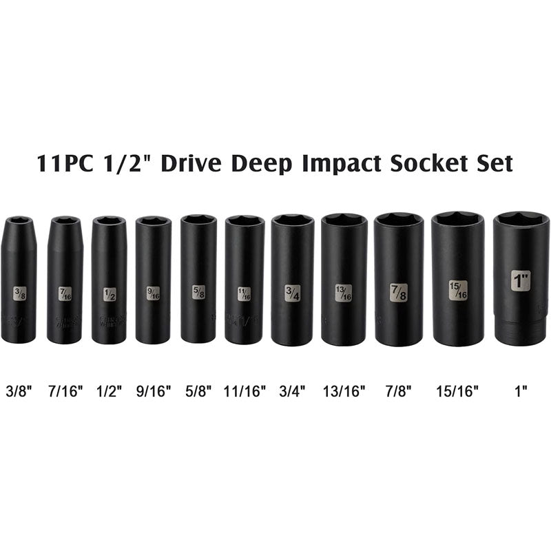 11 Pieces 1/2-Inch Drive Deep Impact Socket Set 6 Point CR-V Alloy Steel 3/8-Inch to 1-Inch