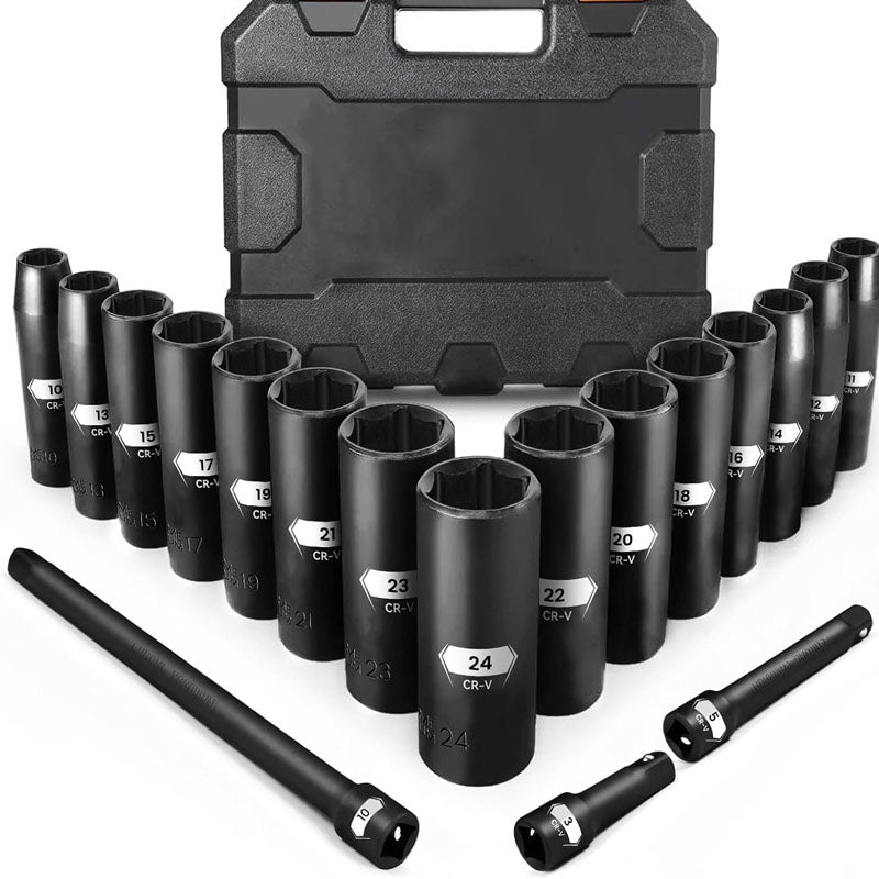 18PCS 1/2-Inch Impact Deep Well Metric Socket Set Metric 10-24mm Include 3" 5" 10" Extension Bars 6 Point Chrome Vanadium Steel Socket Set
