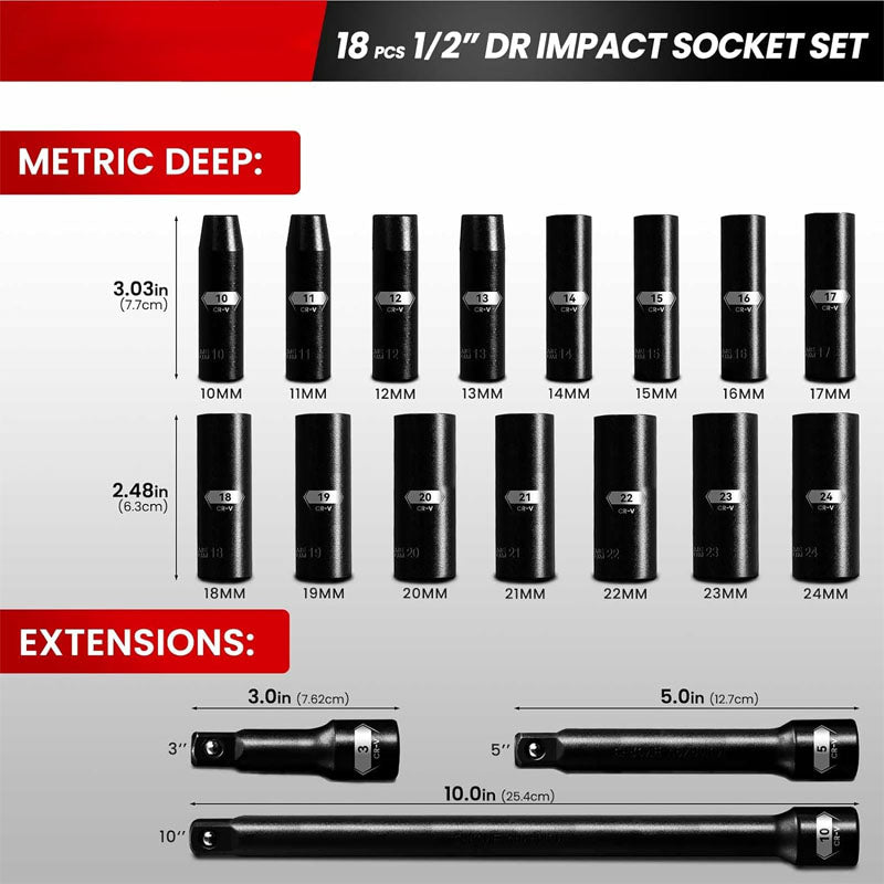 18PCS 1/2-Inch Impact Deep Well Metric Socket Set Metric 10-24mm Include 3" 5" 10" Extension Bars 6 Point Chrome Vanadium Steel Socket Set