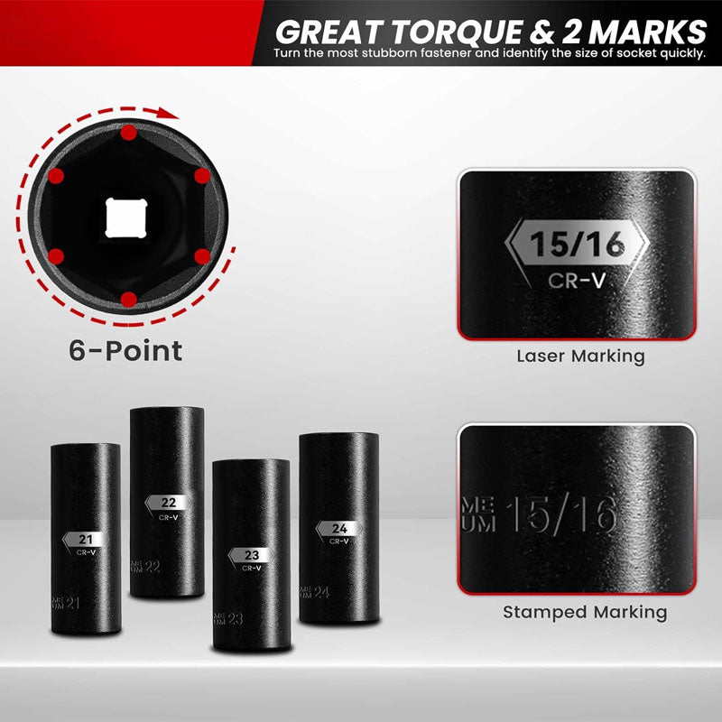 18PCS 1/2-Inch Impact Deep Well Metric Socket Set Metric 10-24mm Include 3" 5" 10" Extension Bars 6 Point Chrome Vanadium Steel Socket Set