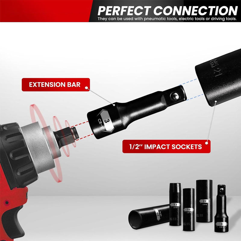 18PCS 1/2-Inch Impact Deep Well Metric Socket Set Metric 10-24mm Include 3" 5" 10" Extension Bars 6 Point Chrome Vanadium Steel Socket Set