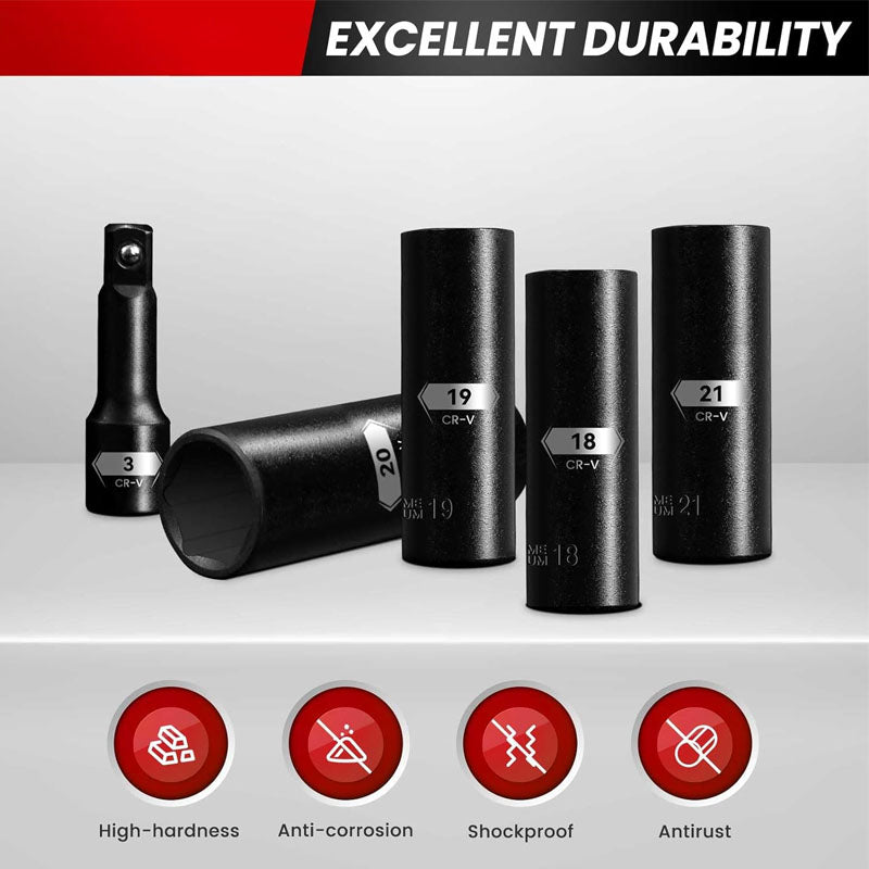 18PCS 1/2-Inch Impact Deep Well Metric Socket Set Metric 10-24mm Include 3" 5" 10" Extension Bars 6 Point Chrome Vanadium Steel Socket Set