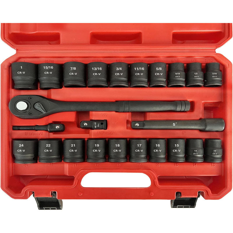 1/2" Drive Master Impact Socket Set 24-Piece Shallow Standard SAE (7/16-Inch to 1-Inch) & Metric (13-24 mm) Sizes