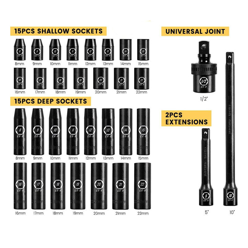 33 Piece 1/2" Drive Impact Socket Set Metric Socket Set 8mm to 22mm 6 Point Cr-V Alloy Steel 5" 10" Extension Bars
