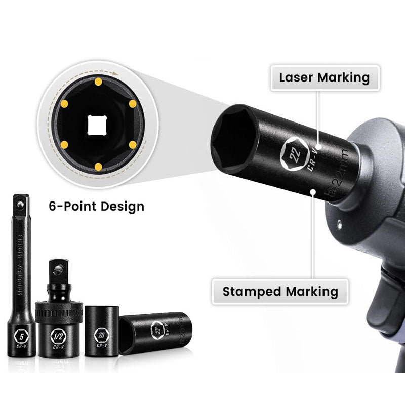 33 Piece 1/2" Drive Impact Socket Set Metric Socket Set 8mm to 22mm 6 Point Cr-V Alloy Steel 5" 10" Extension Bars