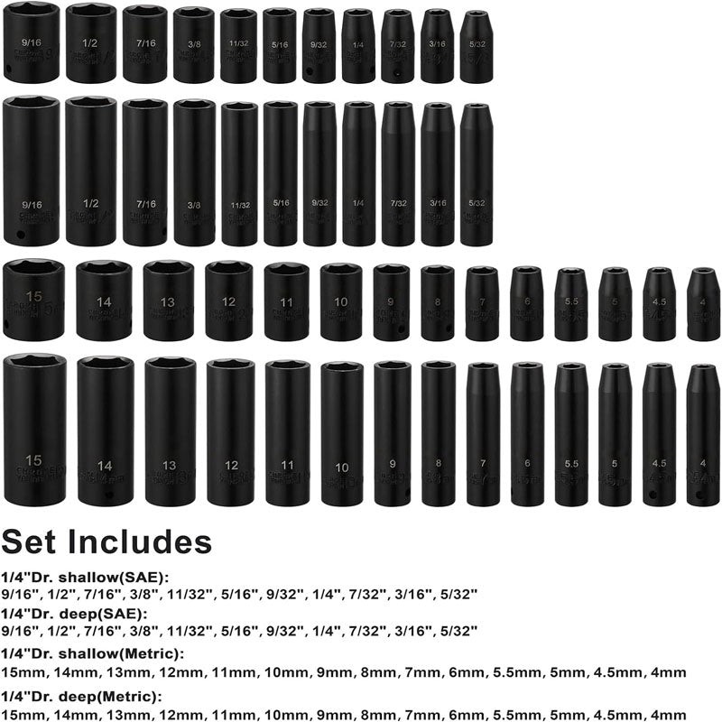 50-Piece 1/4 Inch Impact Socket Set 6-Point SAE/Metric 5/32 Inch - 9/16 Inch 4mm - 15mm Standard/Deep CR-V