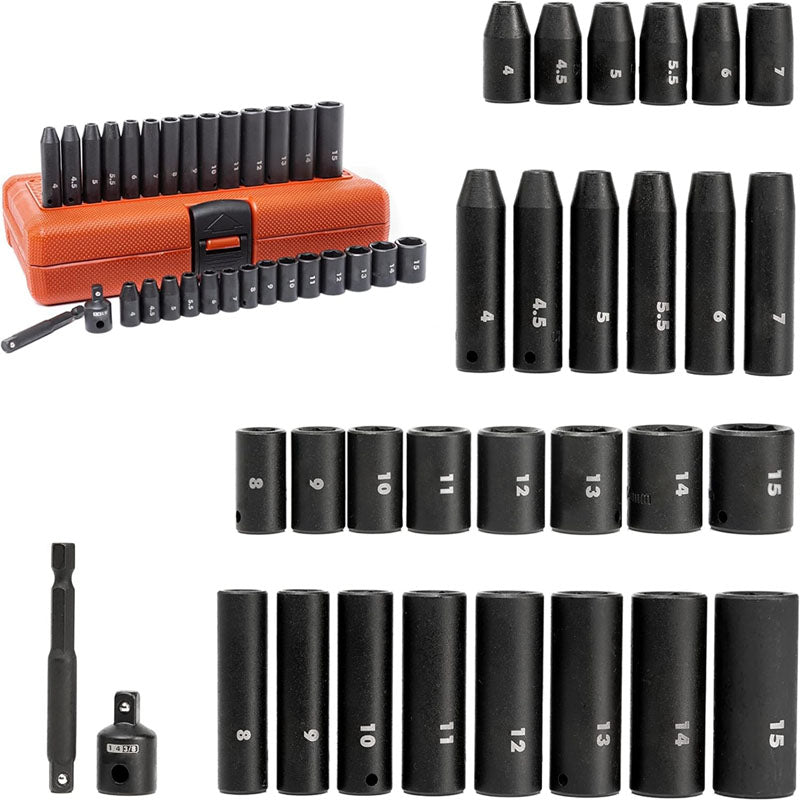 30 Piece 1/4" Drive Impact Socket Set Metric Sizes 4 – 15 MM 3/8” to 1/4” Reducer Hex Shank Socket Impact Adapter