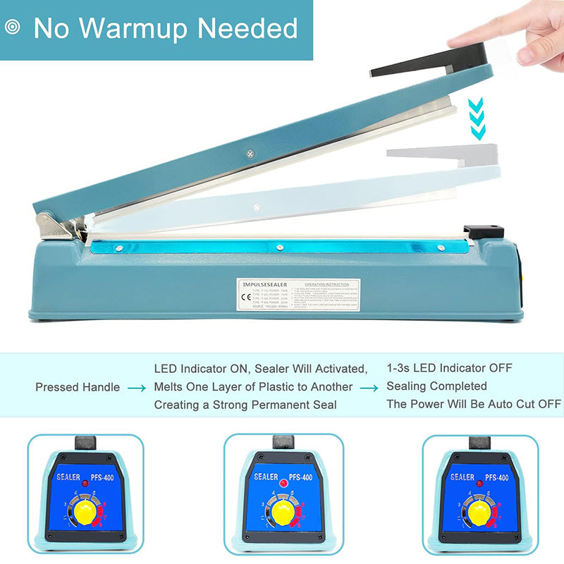 16 inch Impulse Sealer Heat Sealer Metal Plastic Bag Sealer Heat Seal Mylar Bag Sealer Sealing Machine with 4 Repair Kit