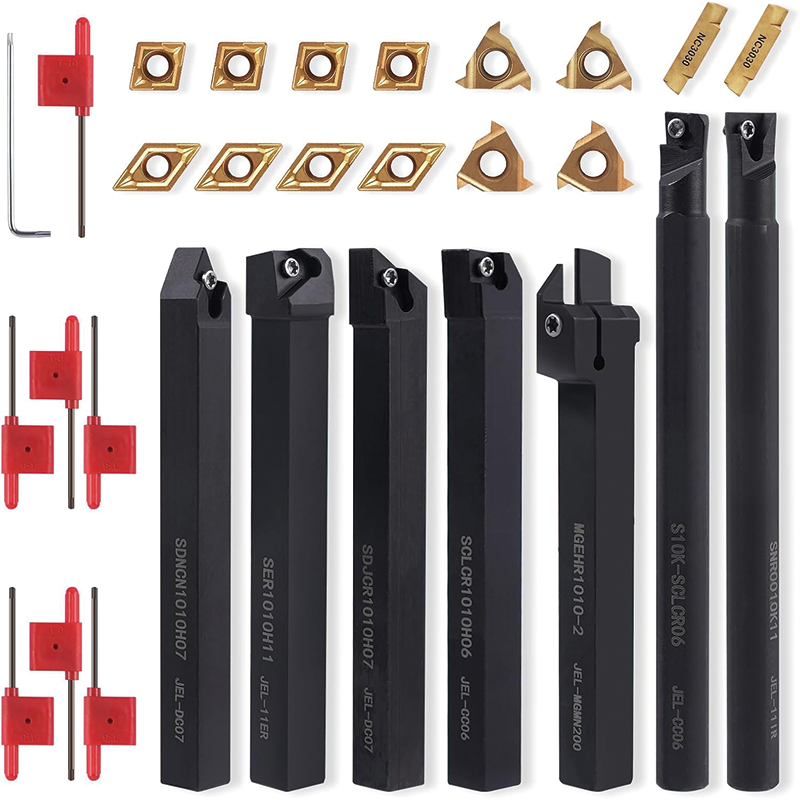 Indexable Carbide Lathe Turning Tools, 7PCS 3/8" Metal Lathe Tools Holder, 14PCS Carbide Insert Lathe Bits Carbide Lathe Tool for Lathe Black Compact